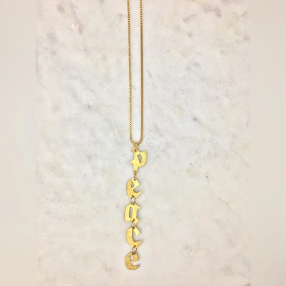 Gold Peace Necklace, handcrafted peace gold tone pendant w/24k gold plated chain - Picture 6 of 15